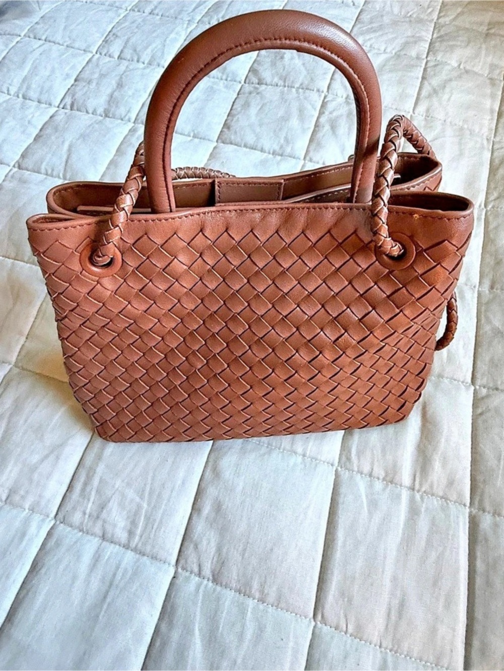Quince Romy handwoven leather satchel in Cognac NWOT